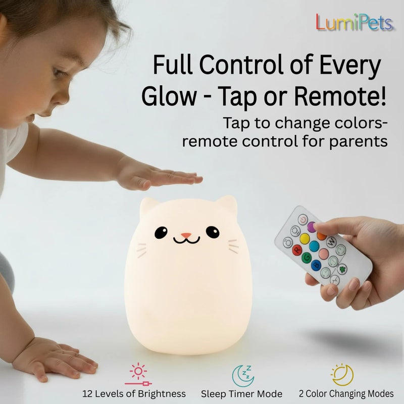 Lumipets Clive The Cat Squishy Silicone Night Light for Kids | Cute Night Light with Remote & Touch Control for Baby & Toddler Bedrooms | Color Changing Portable Animal Nightlight | Kids Mood Lamp - Image 3